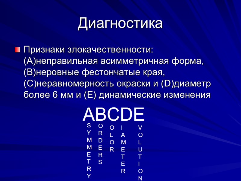 Диагностика Признаки злокачественности: (A)неправильная асимметричная форма, (B)неровные фестончатые края, (C)неравномерность окраски и (D)диаметр более